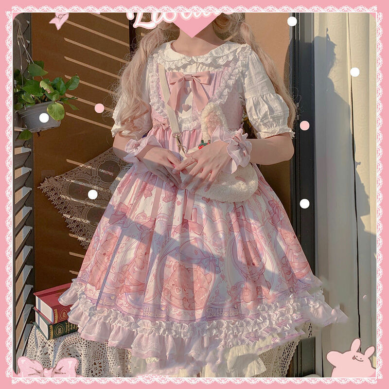 Sweet Lolita "หมีฟอง JSK" Jsk Dream Lolita สไตล์ญี่ปุ่นชาน่ารักเจ้าหญิง Gothic Kawaii Suspender ชุด