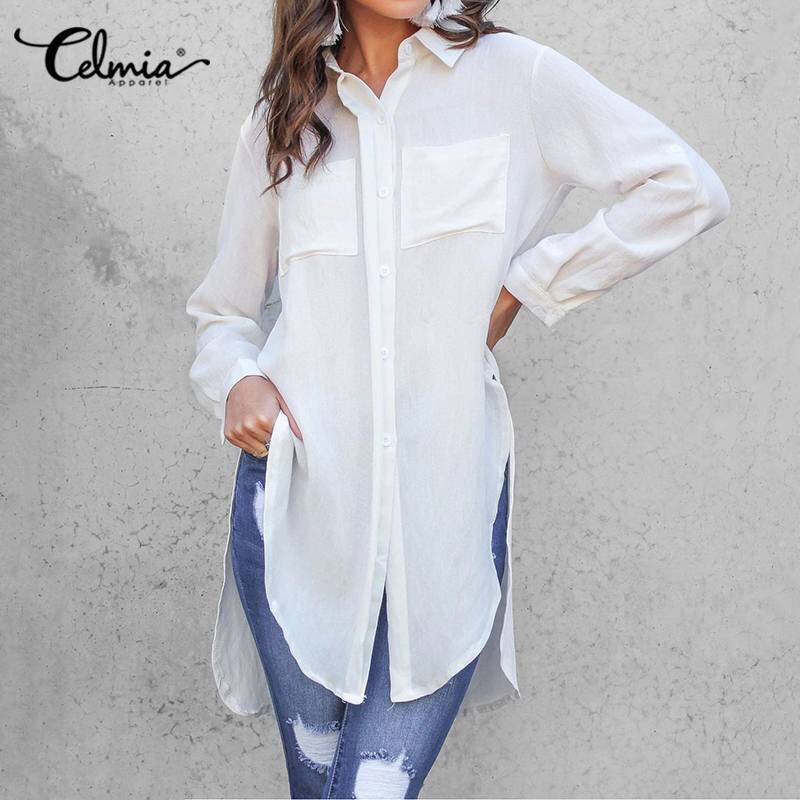 Celmia kobiety białe koszule 2023 lato Lapel asymetryczna podziel długa tunika bluzki topy Casual Oversize eleganckie biuro Blusas