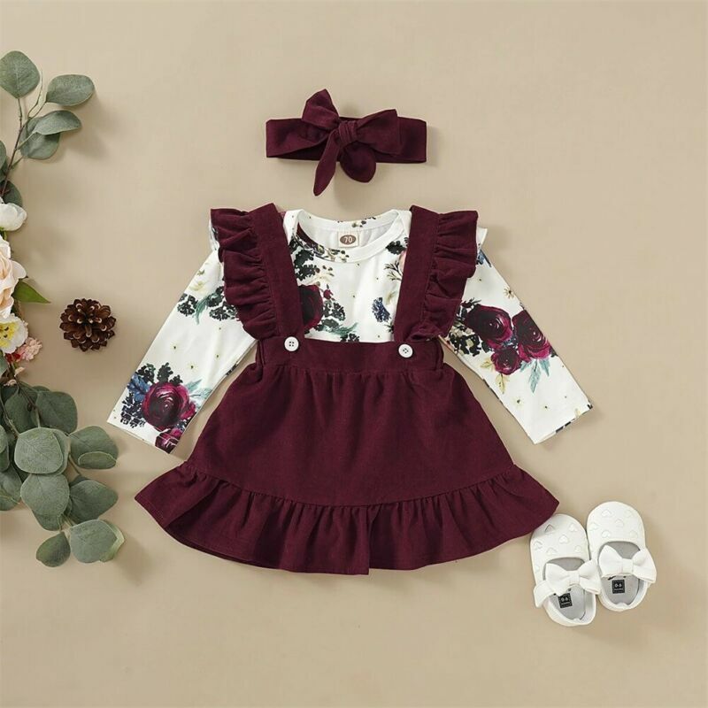Newborn Baby Girl Clothes Set Floral Bodysuit Romper Jumpsuit Tops T Shirt Suspender Skirts Bow Headband Outfit