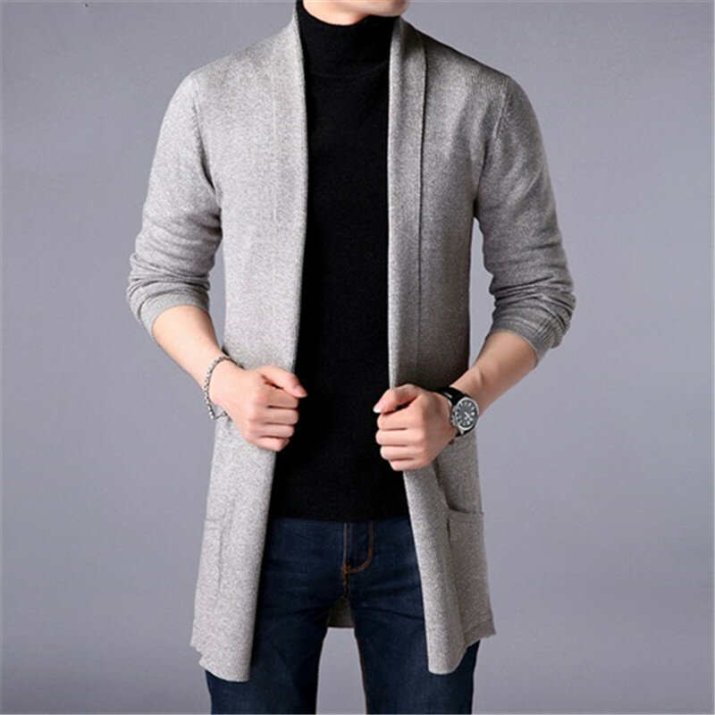 Jaqueta justa e longa de malha masculina, suéter casual, casacos cardigan, monocromática, moda, nova, outono, 2022