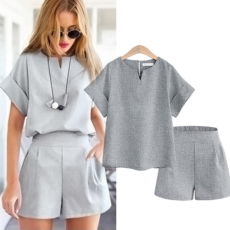 Casual Cotton Linen Two Piece Sets Women Summer V-Neck Short Sleeve Tops and Shorts Female Office Suits Set Women's Costumes