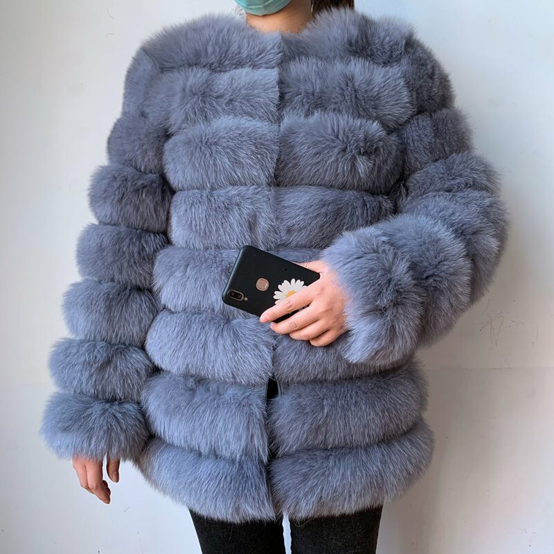 Abrigo de piel de zorro 100% Real para mujer, abrigo de manga larga de zorro plateado, cálido, grueso, natural, para invierno