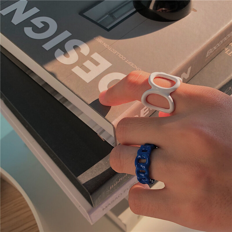 HUANZHI 2020ใหม่อินเทรนด์ที่มีสีสันหยดน้ำมันแหวนเรขาคณิตมือวาดไม่สม่ำเสมอเปิดแหวนสำหรับเครื่อ...