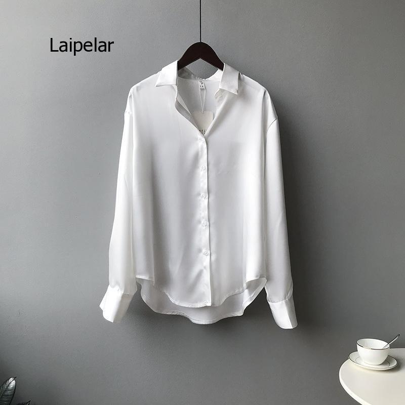 Moda outono botão até cetim camisa de seda do vintage blusa feminina senhora branca mangas compridas femininas soltas camisas de rua