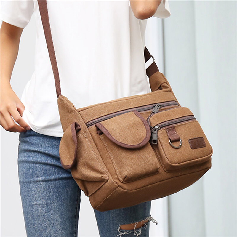 Messenger Bag Canvas For Men Vintage Water Resistant Waxed Crossbody Bags Briefcase Padded Shoulder Bag For Male Handbag Bolsa