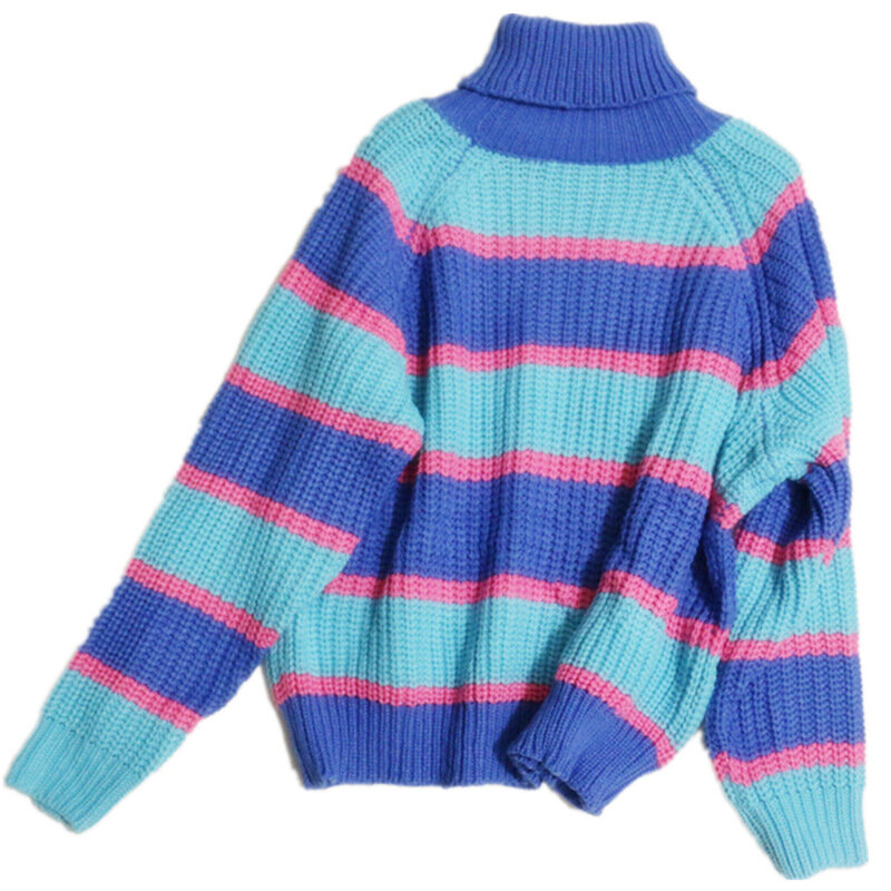 여성용 니트 LAZY 문자 자수 스웨터, 컬러 줄무늬, 하이 칼라, 게으른 루즈 스웨터, 가을 및 겨울