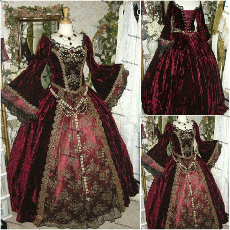 Gaun Pengantin Gotik Victoria Merah Anggur 2022 Gaun Pengantin Renda Lengan Panjang Halloween Belle Selatan Perang Saudara Ukuran Plus