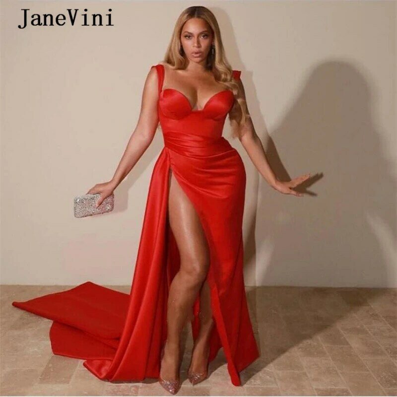 JaneVini فساتين سهرة إفريقية حمراء مثيرة بدون حمالات من الساتان بطول الكاحل مرتفع منقسم بالإضافة إلى حجم كبير فستان عشاء نسائي