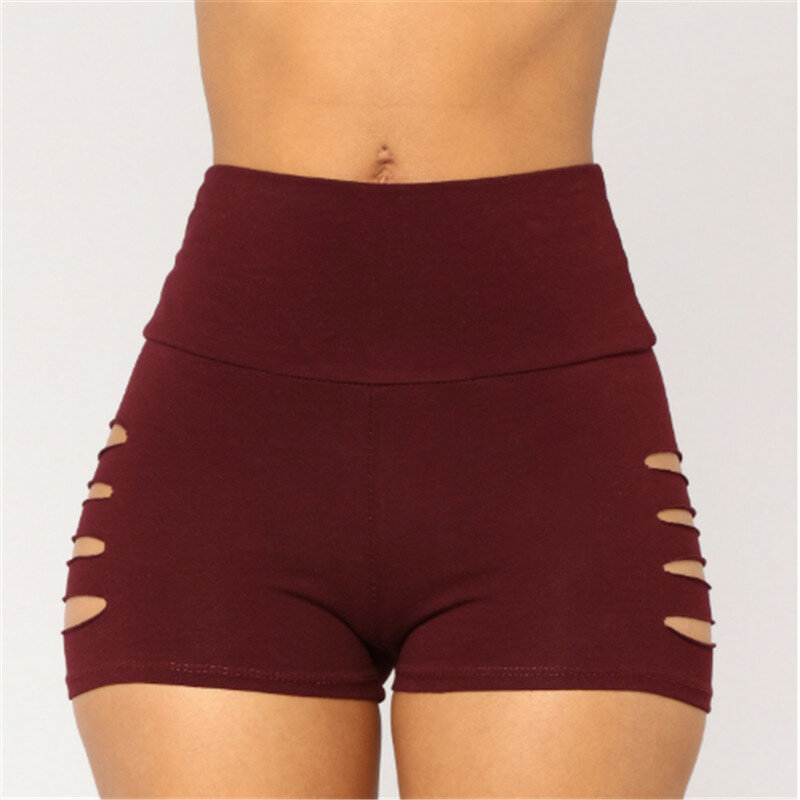 2019 Summer High Waist Black Red Women Shorts Side Bandage Side Mesh Three Hollow Out Hole Sexy Shorts Women Lace Up Shorts Lady