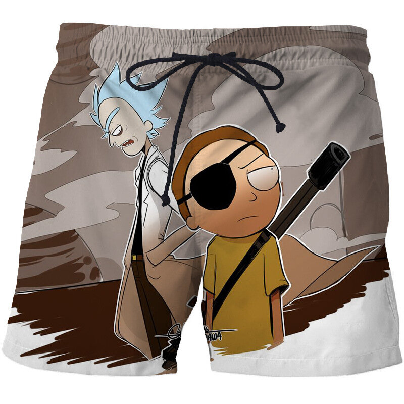 Rick e morty em movimento calças de praia masculinas 3d impresso troncos de natação de secagem rápida verão calças de praia anime masculino calças casuais novo