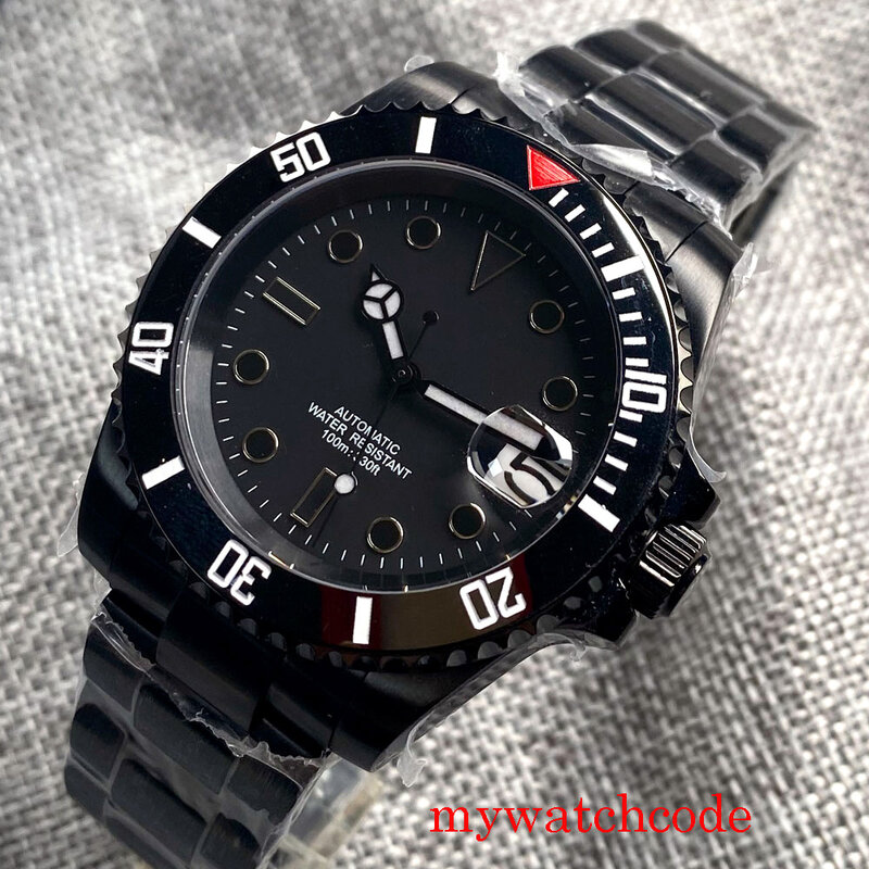 Relógio de pulso automático PVD preto para homens, data mostrador preto estéril, vidro safira, moldura rotativa, NH35A PT5000 Miyota, 40mm