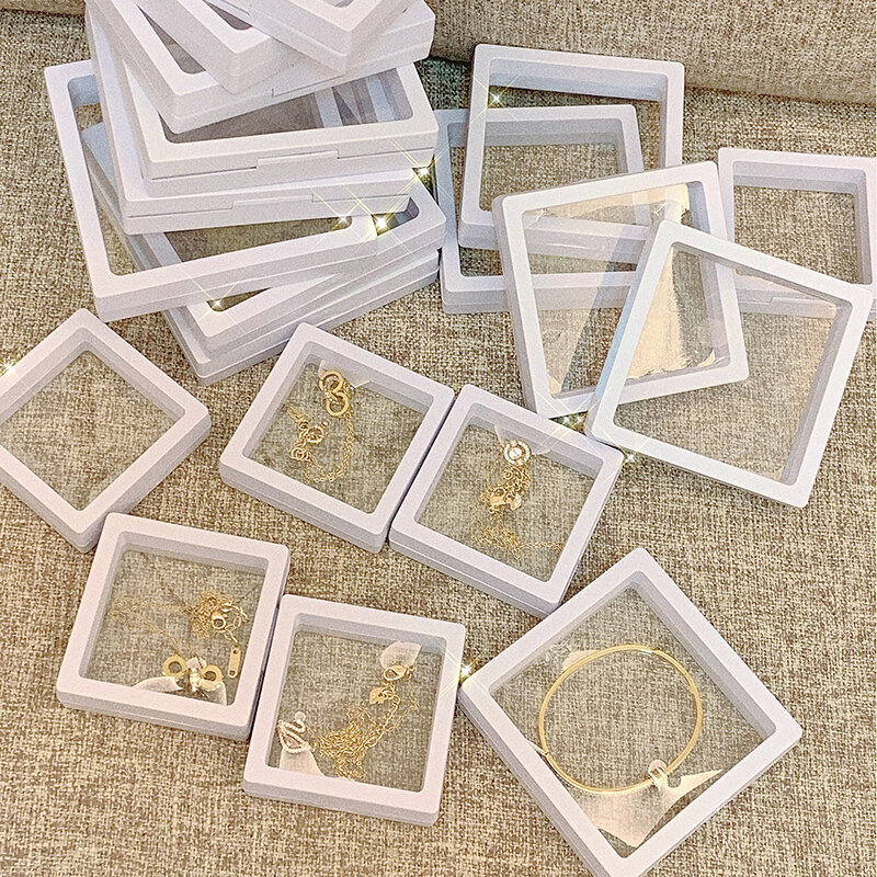 10 buah Set 3D mengambang tampilan kasus berdiri pemegang suspensi penyimpanan untuk liontin kalung gelang cincin koin Pin hadiah kotak perhiasan