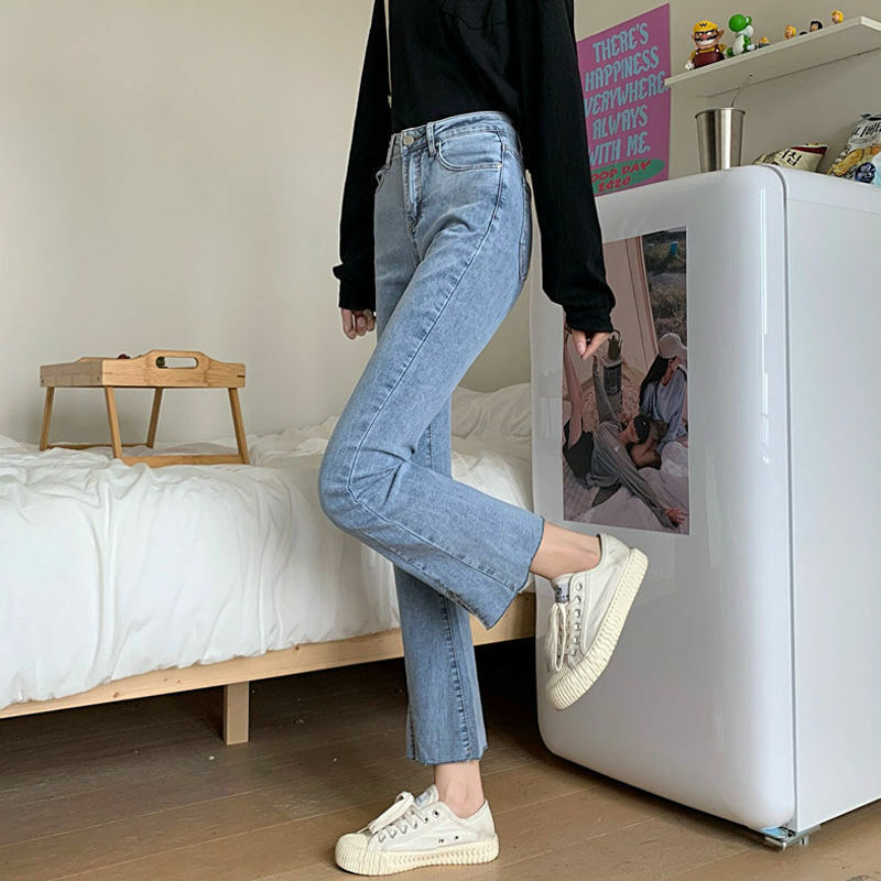 Primavera verão cintura alta dividir flare jeans para mulheres elástico fino tornozelo comprimento denim calças femininas casuais streetwear