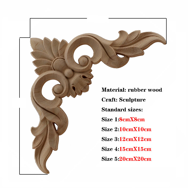 VZLX Carved Unpainted European Exquisite Long Floral Leaves Rubber Furniture Window Corner Wood Applique Onlay Wood Figurines