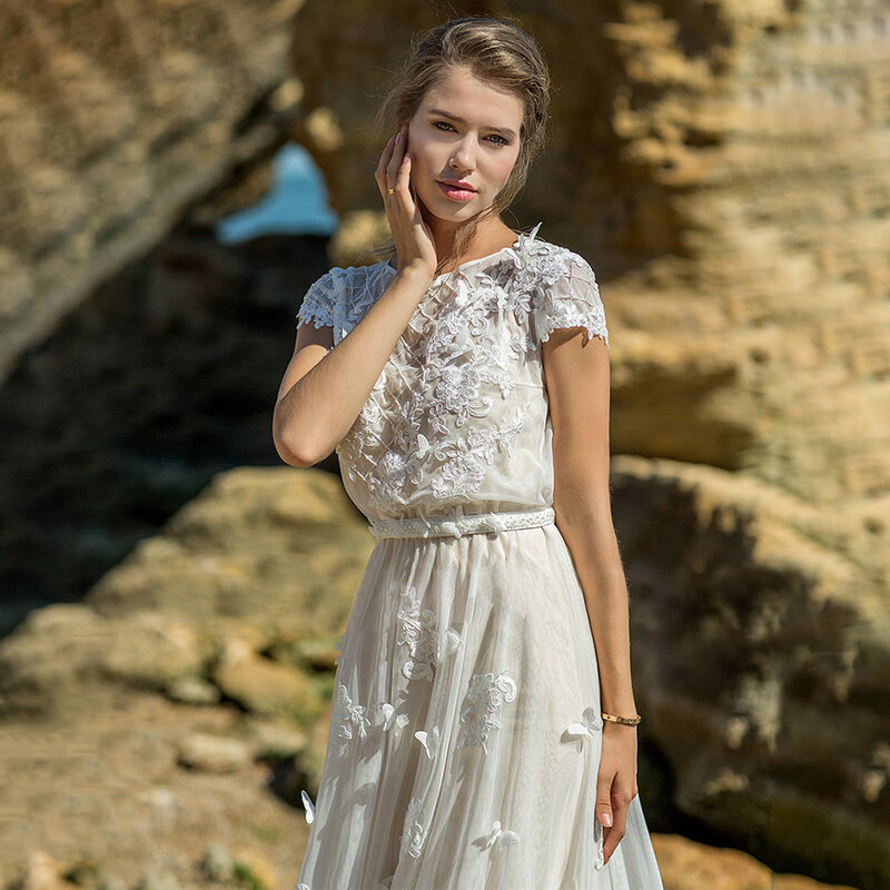 Boot Hals Boho Beach Wedding Photoshoot Jurk Kapmouwtjes Robe De Mariee Prinses Aangepaste Bloemen Geappliceerd Een Lijn Bruidsjurk