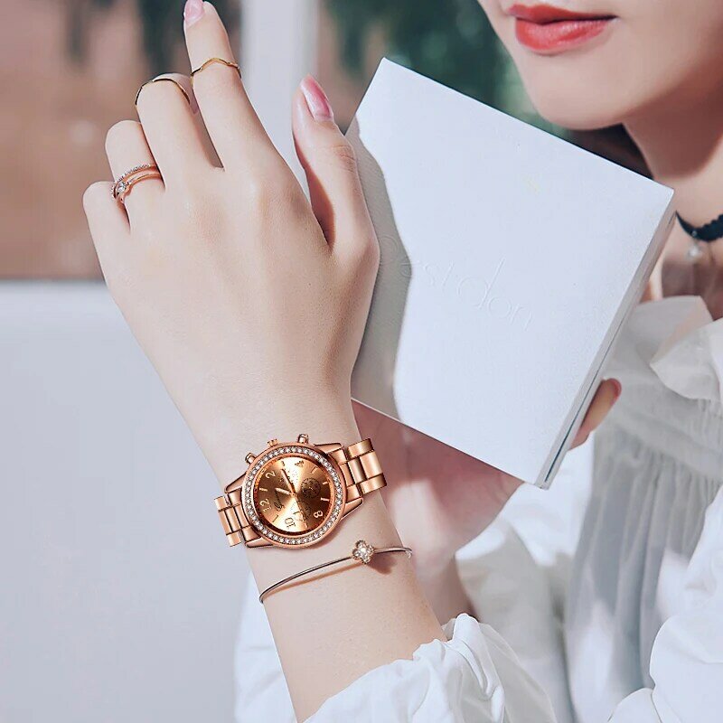 Casual Women's Watches Fashion Rhinestone Women Quartz Wrist Watch Luxury Rose Gold Stainless Steel Wristwatch For Women Clock