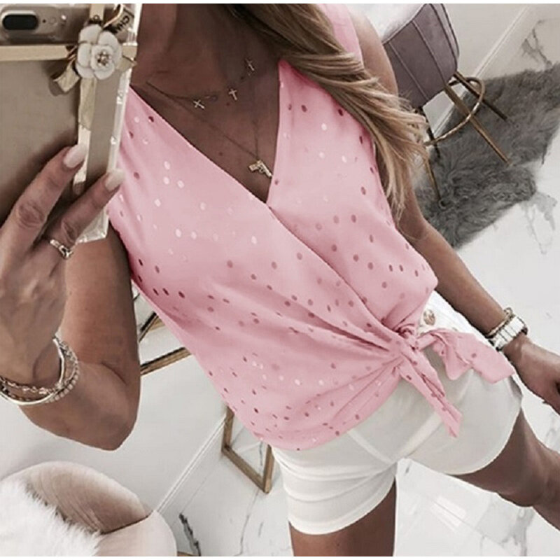 Women Dot Print V-Collar Solid Blouse Female Loose  Lace up sleeveless Patchwork Tops 2020 Summer Fashion Casual streetwear
