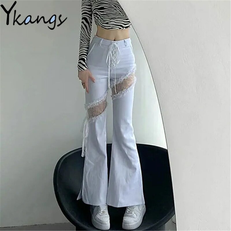 Calça jeans acinturada com costura e renda, calça estilo harajuku com fenda lateral e cintura alta, estilo gótico e punk