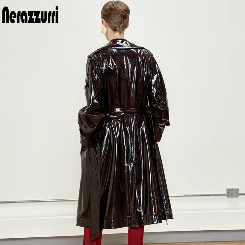 Nerazzurri-casaco longo de couro preto envernizado impermeável para mulheres, trespassado duplo, casaco de couro grande iridescente, 7XL, 2020