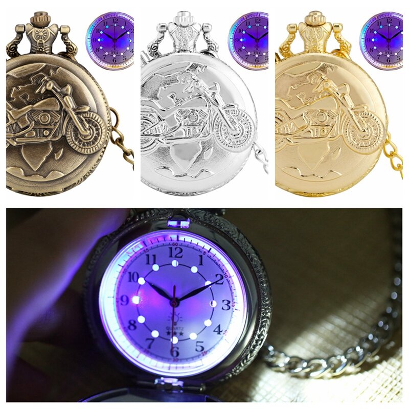 Reloj de bolsillo de cuarzo con patrón de coche de motocicleta Retro, LED luminoso, Flash, diseño de MOTO, colgante Fob, cadena de reloj, regalos para hombres