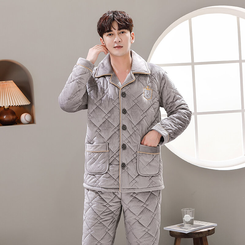 Inverno wadded jaqueta pijamas homens grosso acolchoado conjuntos de pijama casa casual roupas de lã coral pijamas