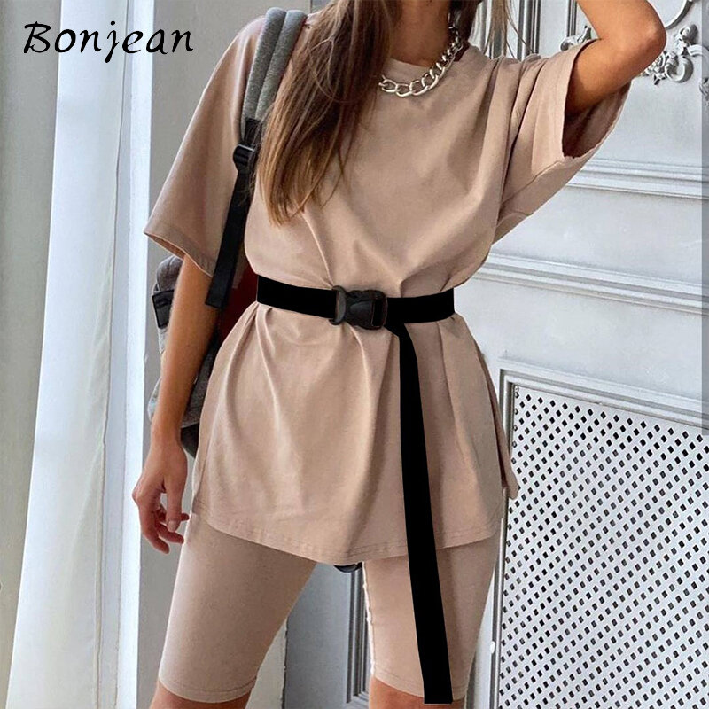 Fall 2020 Woman O Neck Loose Clothes Basic Short Sleeve Top And Biker Shorts 2 Two Piece Sets Lounge Wear For Women Outfits