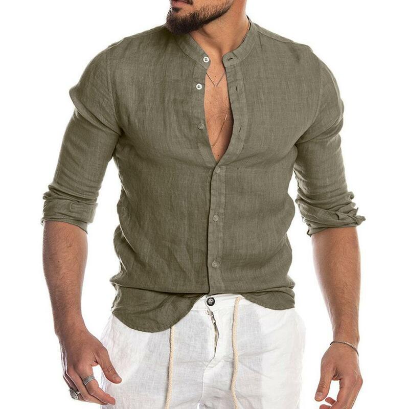 T-shirt décontracté à manches longues pour homme, col montant, simple boutonnage, chemise de bureau, automne
