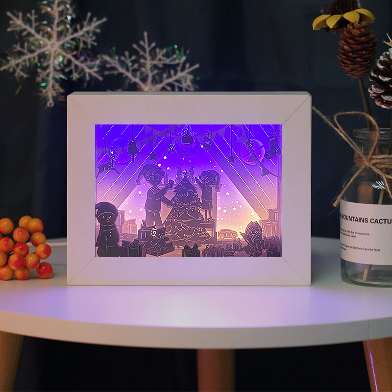 Marco de caja de sombra de luces Led, 7 hojas de papel tallado, luces de Navidad, Escena de nieve, luz de hadas, adornos de decoración de regalo de Navidad