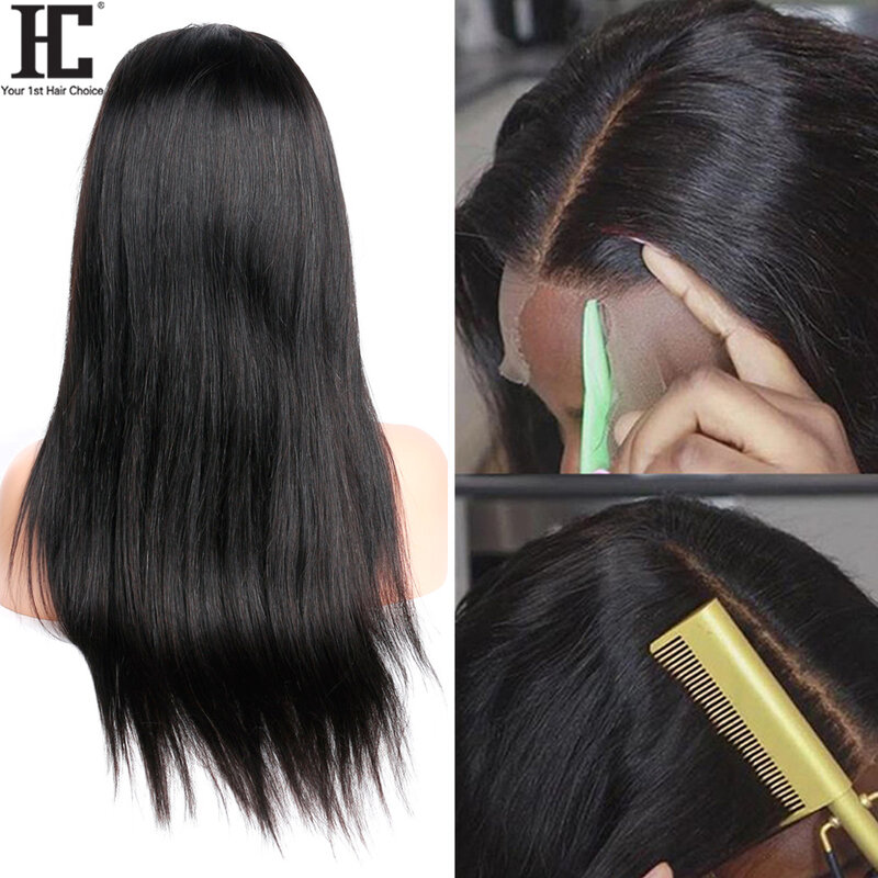 Perruque Lace Frontal Wig 150% naturelle brésilienne Remy, cheveux lisses, 13x4, pre-plucked, Deep Part, 34 pouces