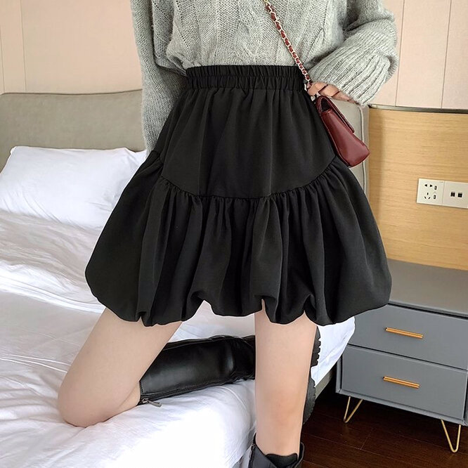 Falda corta abombada con forma de A para mujer, Falda corta de cintura alta, color negro, diseño de burbuja, primavera y otoño, 2024