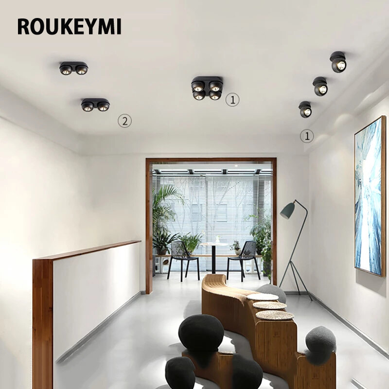 ROUKEYMI-Lámparas Led de techo para interiores, foco nórdico ajustable, montaje en superficie, iluminación moderna para el hogar y sala de estar, luz descendente giratoria