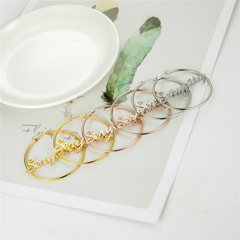 Cazador Custom Name Hoop Earrings Personalized Gold Color Stainless Steel For Earrings Women Letter Nameplate Circle Jewelry