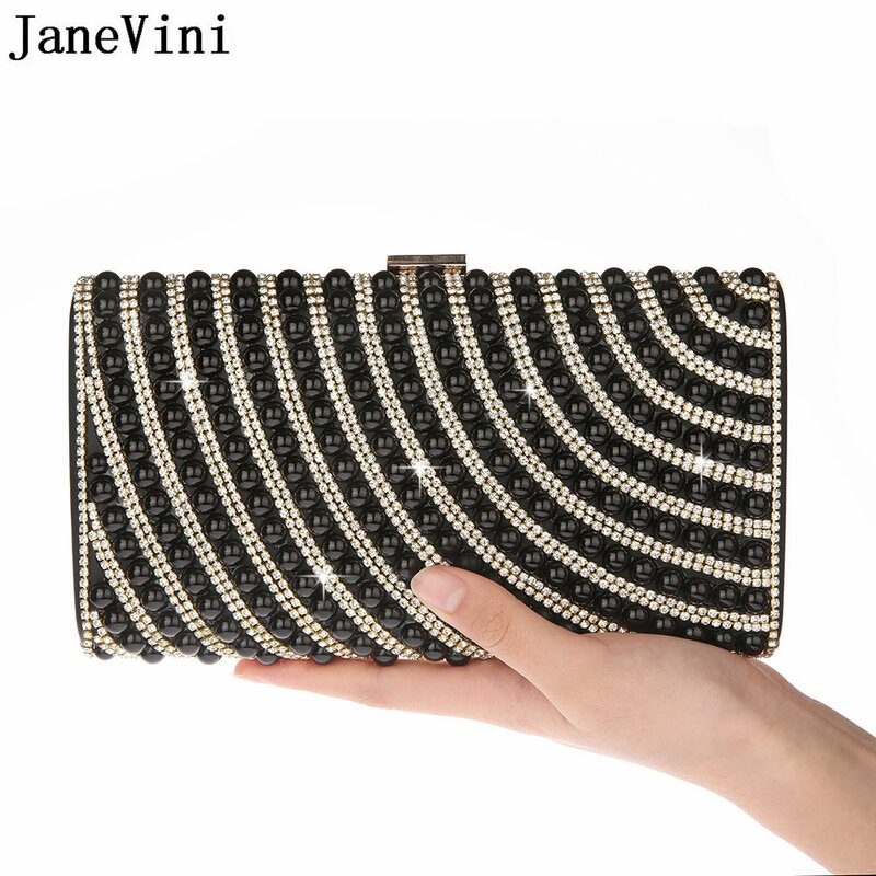 JaneVini-Bolso de mano negro brillante con diamantes de imitación y perlas para boda, bolso de mano para fiesta de noche, bolso de mano dorado con cadena