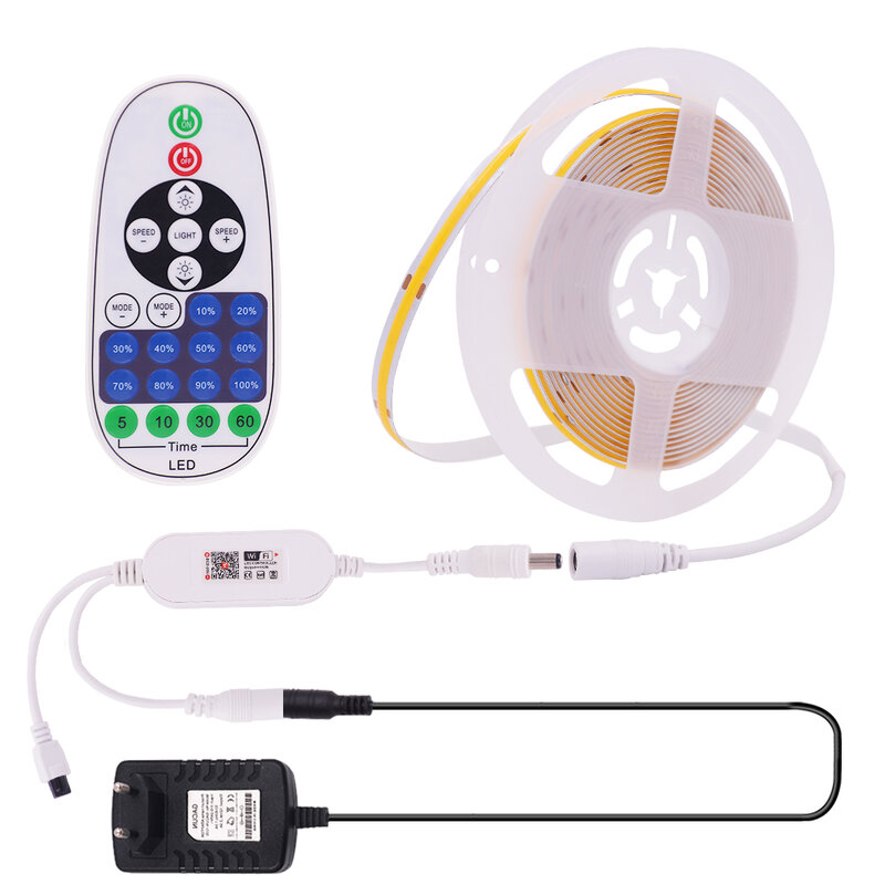 Bande LED COB 12V avec alimentation, variateur Wifi intelligent Tuya haute densité 320/384/528LED, ruban Flexible FOB LED, lumières linéaires