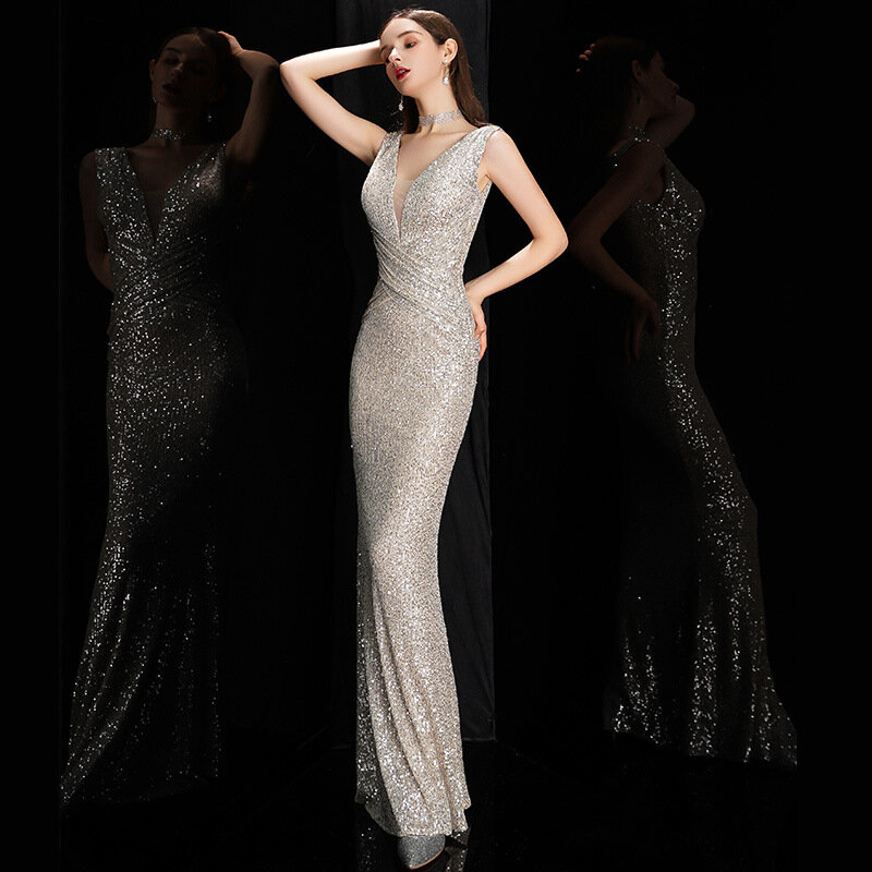 DEERVEADO Elegant V Neck Sequin Evening Dress Long 2023 New Women Mermaid Formal Dress Party Gown Bodycon Maxi Prom Dress