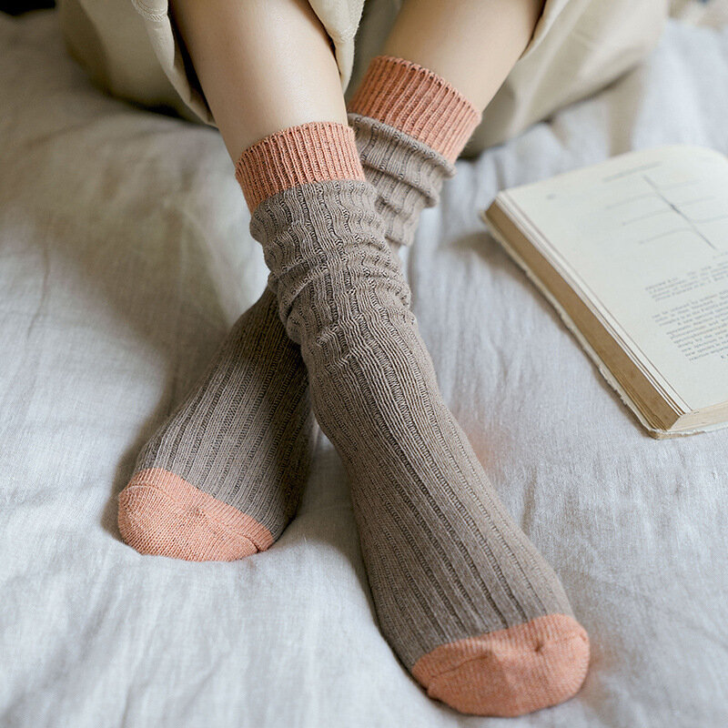 Organic Cotton Woman Girl Short Socks Thick Loose Breathable Vintage Young Casual Striped Harajuku Warm Socks High Quality