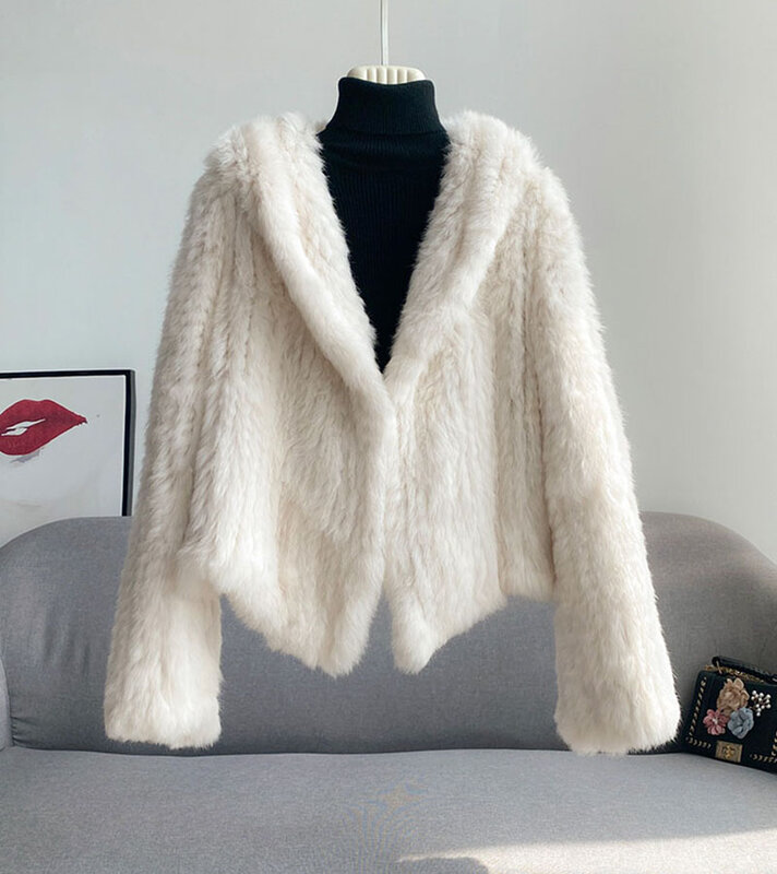 Abrigo de punto de piel de conejo personalizado para mujer, chaqueta de manga larga, prendas de vestir de invierno, envío gratis
