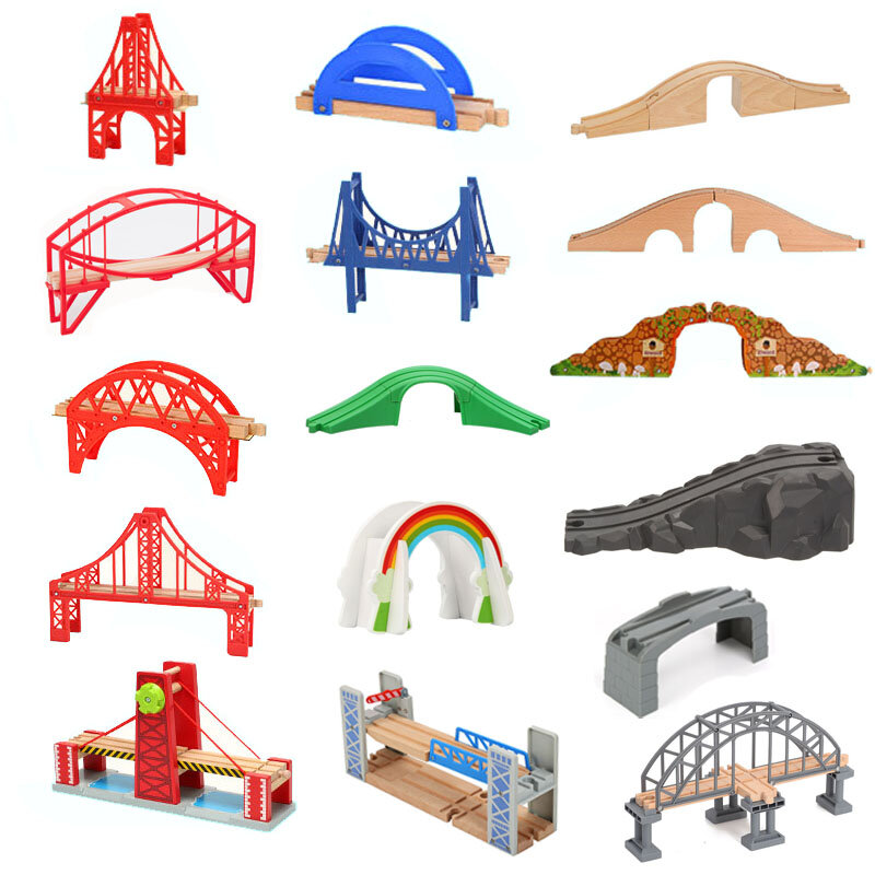 Trem de madeira pista ponte faia de madeira conjunto ferroviário acessórios apto para todos os tipos faixas de madeira peças brinquedos educativos para crianças