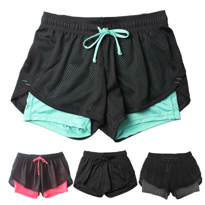 Pantalones cortos de doble capa para mujer, Shorts falsos de dos piezas con cordón de malla, cintura alta, verano, 2021