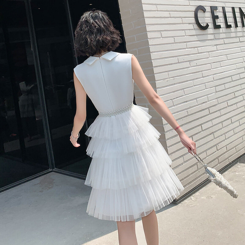 White Party Dress New Notched Collar Sleeveless Layered Tulle Elegant Knee-Length Evening Dresses Office Lady Formal Gowns