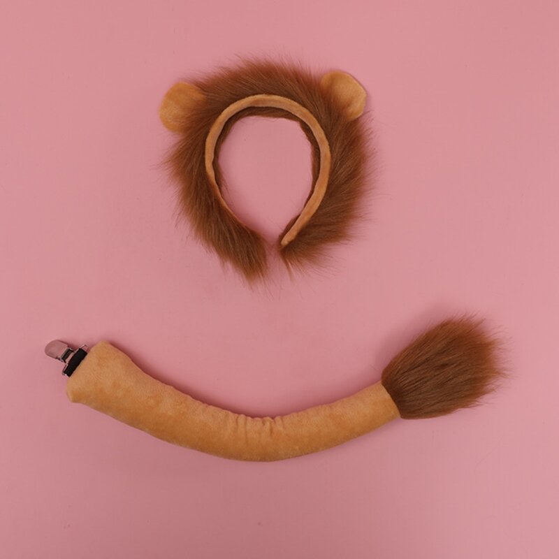 Diadema de pelo con orejas de León para Cosplay, conjunto de cola de Aro para disfraz de Lolita, diadema de piel larga para decoración de fiesta de Halloween, F3MD