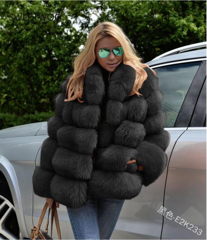 Winter Coat Women Luxury Faux Fox Fur Coat  Women Stand Fur Collar Long Sleeve Faux Fur Jacket