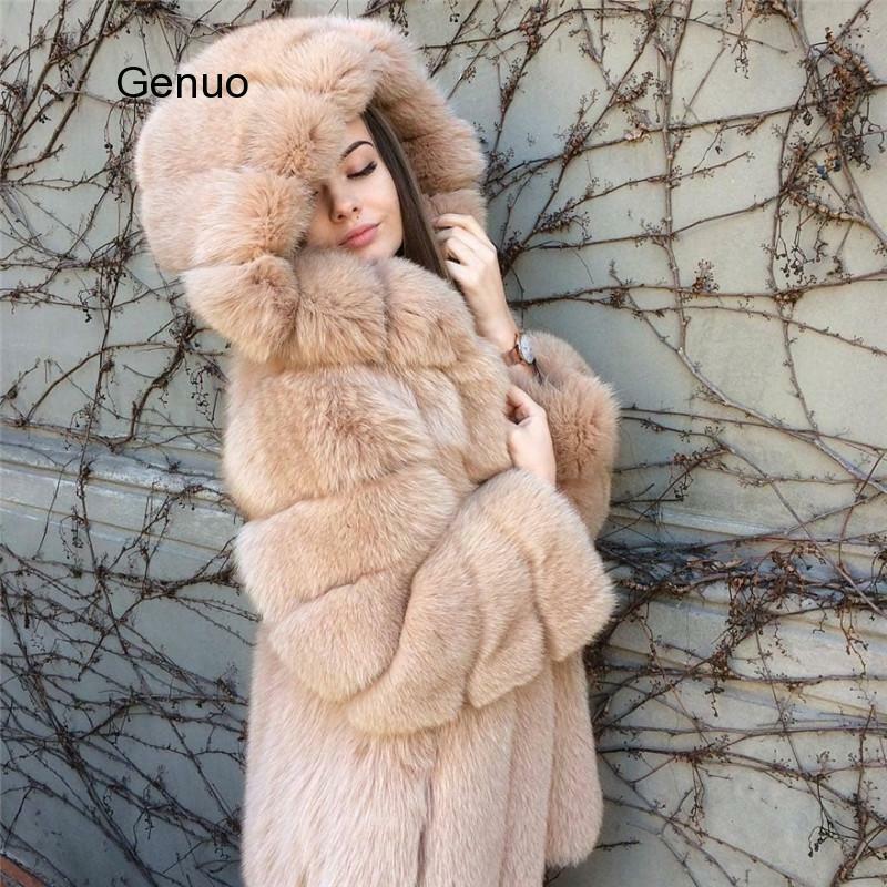 女性パーカーフェフォックスファージャケット冬暖かいフェイクキツネの毛皮のコート2020高級毛皮のコート女性生き抜く高品質フード付き生き抜く