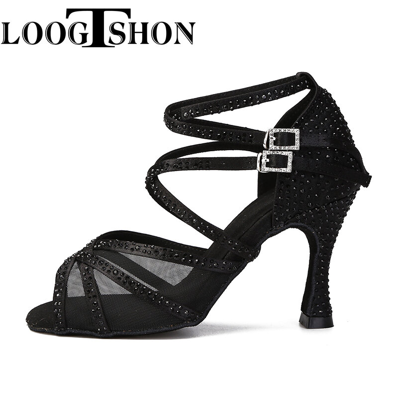 Loogtshon สีดำละตินเต้นรำรองเท้า Latin Dance รองเท้าละตินรองเท้าเต้นรำสตรีส้น5.5ซม.ส้นรองเท้าเต้นผู้หญิงกีฬารองเท้า