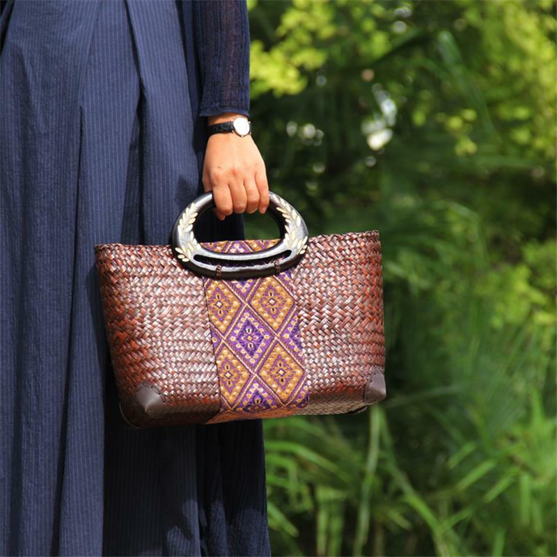 35x21CM Vintage Handmade Straw Bag Thai Rattan Straw Bag Seaside Vacation Beach Bag Woven Women Handbag a6108