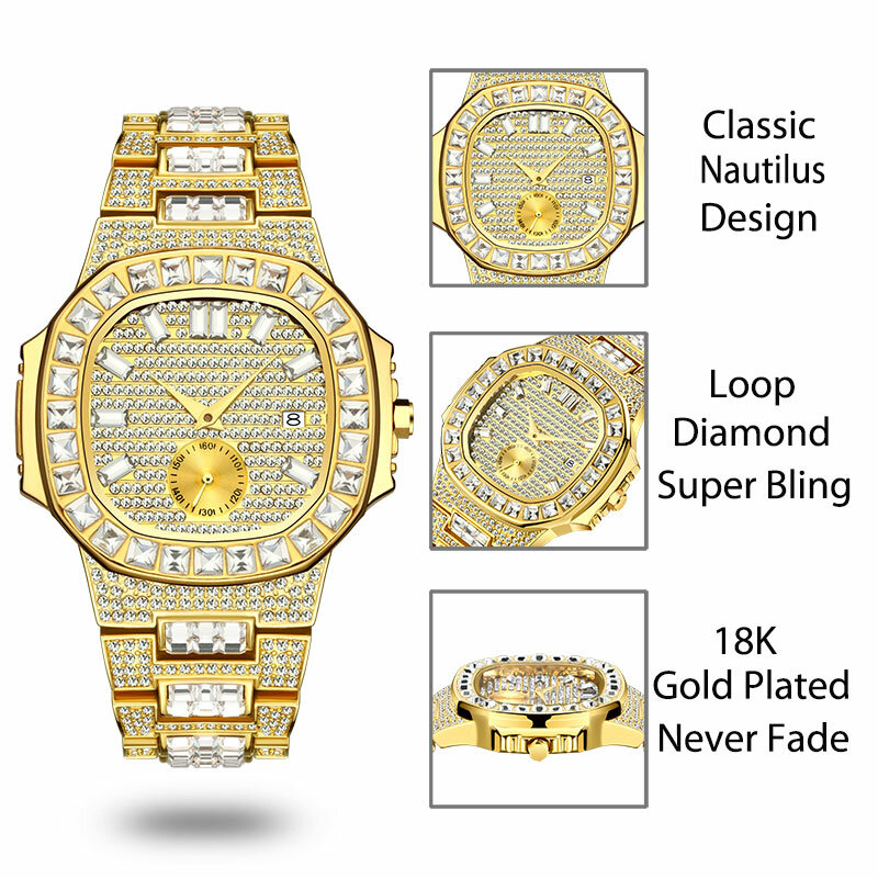 MISSFOX-Relógio masculino impermeável de ouro 18k, totalmente pavimentado, diamante Baguette, calendário, relógio masculino, modelo Nautilus, luxo