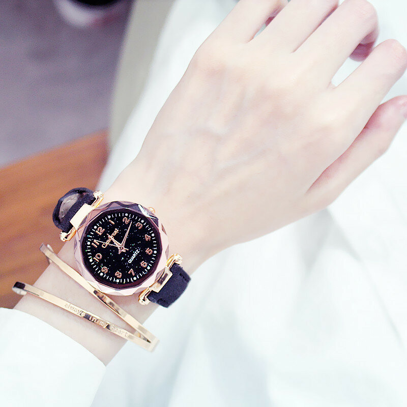Relojes informales para Mujer, pulsera de cuarzo con diseño de cielo estrellado, banda de cuero, a la moda, 2023