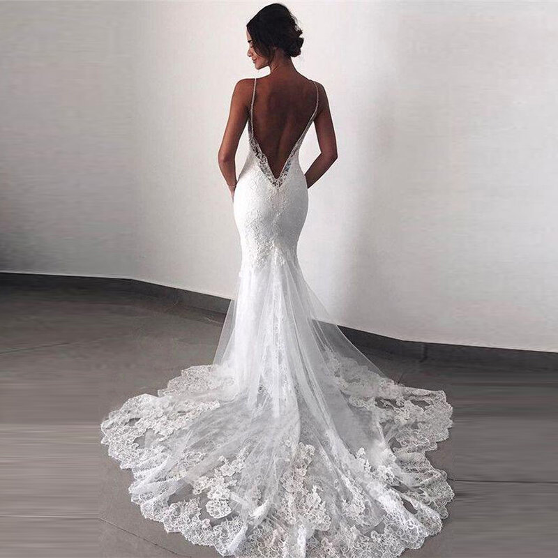 Sexy White Mermaid Wedding Dresses Lace Open Back Spaghetti Straps Appliqued  Bridal Gowns Elegant Vintage Vestidos De Novia