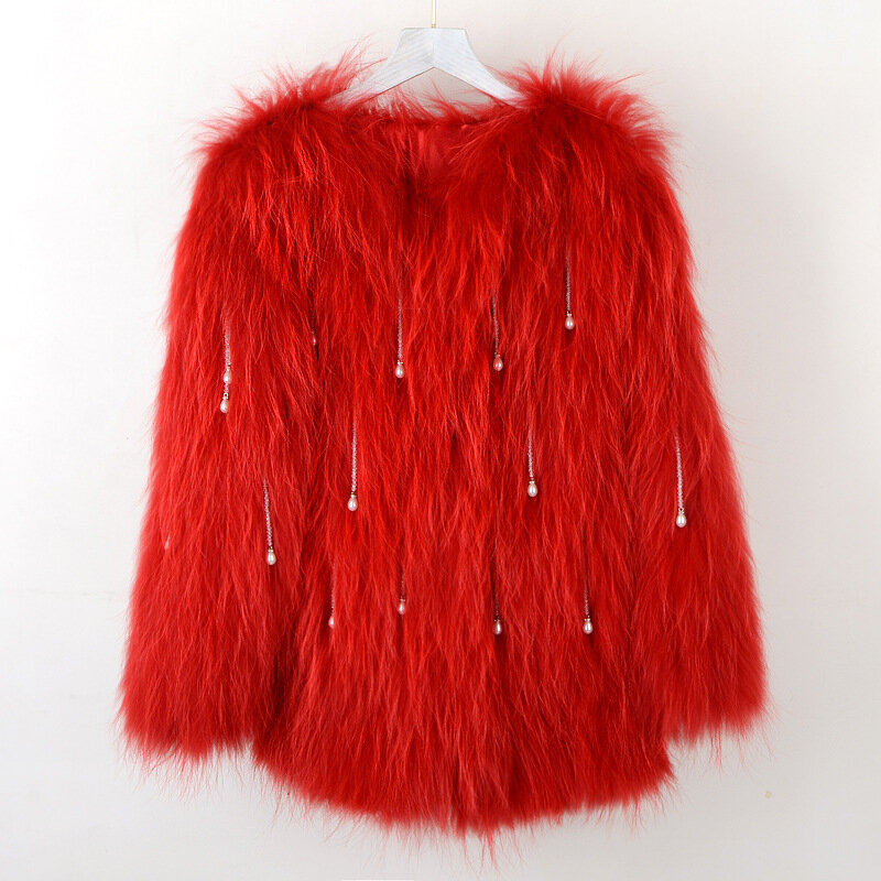Length 70 cm women knitted real fox fur overcoat  new fashion stlye female coat Raccoon fur Hand woven coat beads detachable