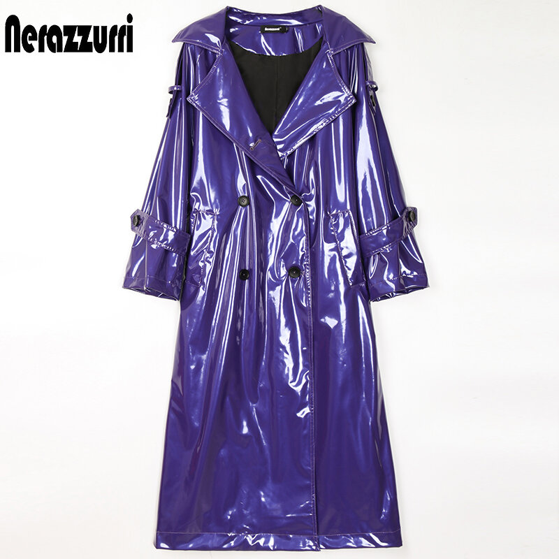 Nerazzurri długi wodoodporny czarny lakierki płaszcz trencz dla kobiet 2020 podwójne piersi opalizujący ponadgabarytowych płaszcz skórzany 7xl